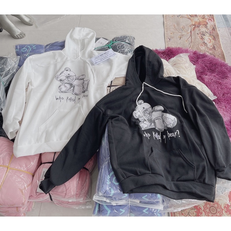 Áo Hoodie Nỉ Lót Bông In Gấu Nằm Unisex (Ảnh,Video thật/Hàng sẵn)