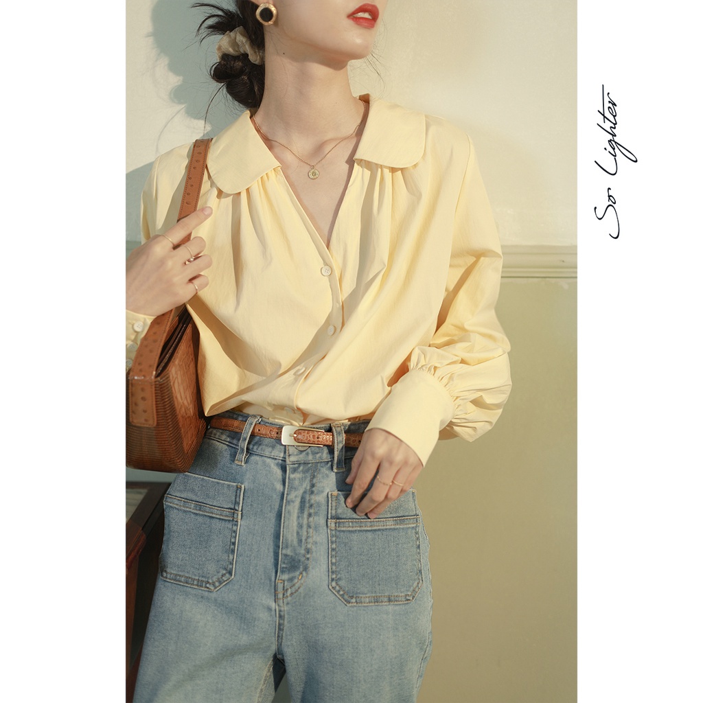 Áo sơ mi Chiffon dài tay cổ V thời trang mùa hè Hàn Quốc thanh lịch tinh tế cho nữ