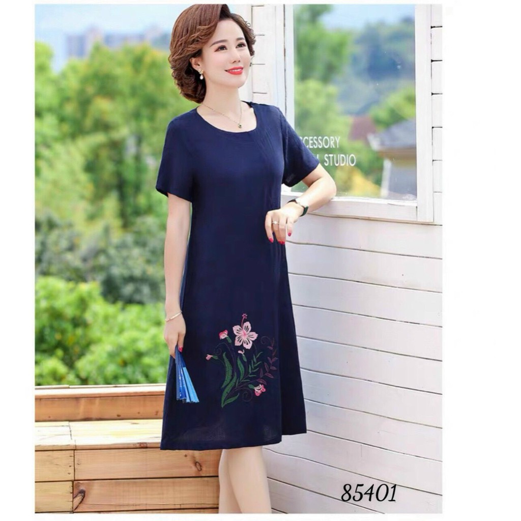 M/L/XL/2XL/3XL Đầm trung niên vải đũi thêu hoa nhiều màu có size đại màu đỏ, xanh , đen quảng châu