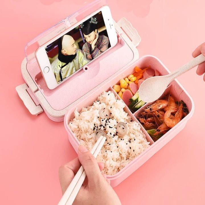 Hộp Cơm Văn Phòng 3 Ngăn Làm Bằng Lúa Mạch An Toàn Kèm Đũa Muỗng Inox - MTDDT