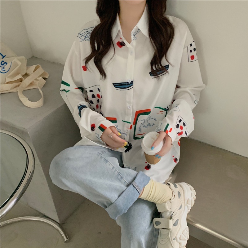 SUXI Áo sơ mi chiffon tay dài in hoa phong cách retro Hàn Quốc cho nữ