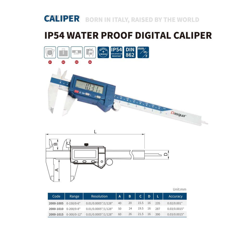 Thước cặp điện tử IP54 hàng chính hãng DASQUA, dụng cụ đo lường chính xác, chống nước chống bụi