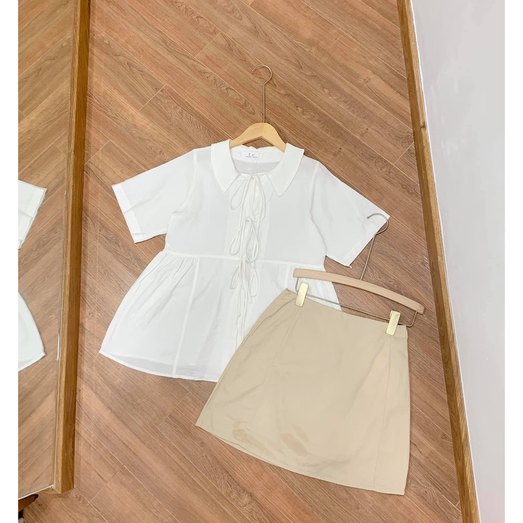 Set áo babydoll trắng nơ ngực chân váy dáng A be Ulzzang (ST5)_