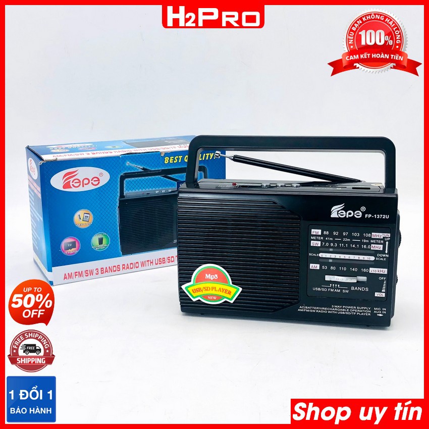 Đài radio Fepe FP-1372U H2Pro 3 band AM-FM-SW, đài radio sạc điện, có USB-Thẻ nhớ làm máy nghe nhạc mp3