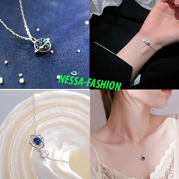 Bộ Trang Sức Bạc S925 Italy - 2 Món Tinh Tế Mặt Trăng Hạt Nữ Trang BTSB20 - Dây Chuyền, Lắc Tay, Vòng Cổ, Hoa Tai