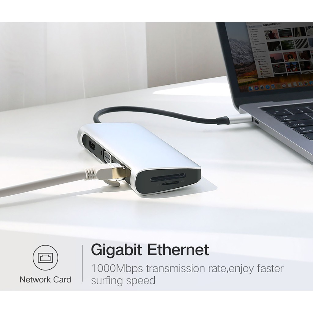 Bộ Chuyển USB Type-C ra HDMI + VGA + Lan + USB 3.0 + Card TF/SD + PD Charging Cao Cấp UGREEN 40873