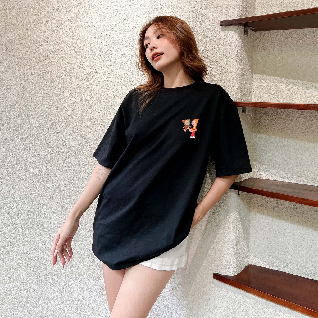 Áo thun unisex hoạt hình PHINEAS & FERB vải cotton oversize tay lỡ form rộng