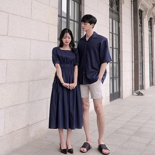 Áo đôi áo cặp 🌼FREESHIP🌼 Váy nữ dài áo sơ mi nam cổ V Hàn Quốc màu xanh than chụp ảnh cưới du lịch