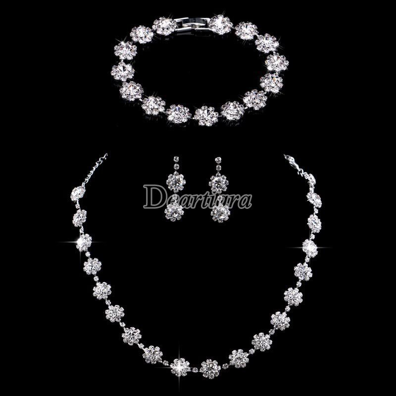 Bộ Trang Sức 3 Món Họa Tiết Hoa Đính Kim Cương Nhân Tạo Thời Trang