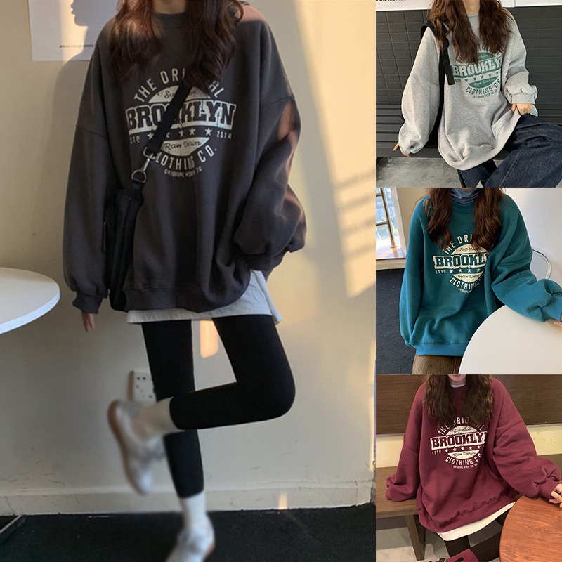 Áo Thun Nữ Dài Tay Cổ Tròn In Chữ Phong Cách Hàn Quốc