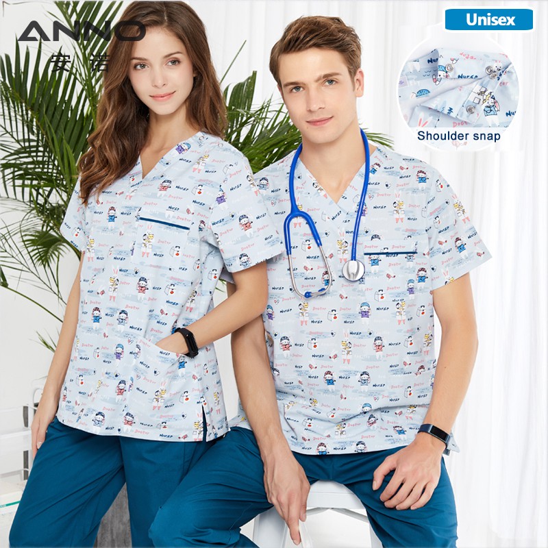 ANNO Đồng phục y tá Quần áo phẫu thuật y tế cho phụ nữ Đàn ông hở vai Tẩy tế bào chết nha khoa Bệnh viện trẻ em Công việc Mặc ngắn tay Bộ đồ bác sĩ Top Pant Tùy chọn Phim hoạt hình Điều dưỡng