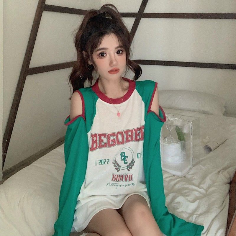 Jiashucheng Áo Thun Tay Dài Hở Vai Dáng Rộng Vừa Vặn Mùa Thu Phong Cách Hàn Quốc Cho Nữ