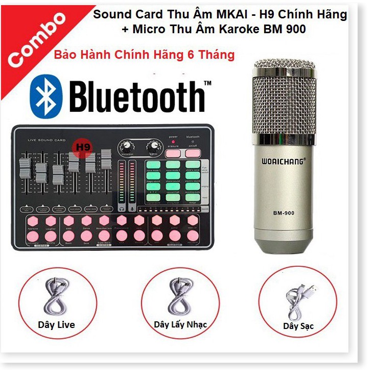 Combo Micro BM900 và Soundcard MKAI H9 – Thu Âm Hát Live Stream, Karaoke, AutoTune, Giả Giọng, Cực Hay, Có Bluetooth