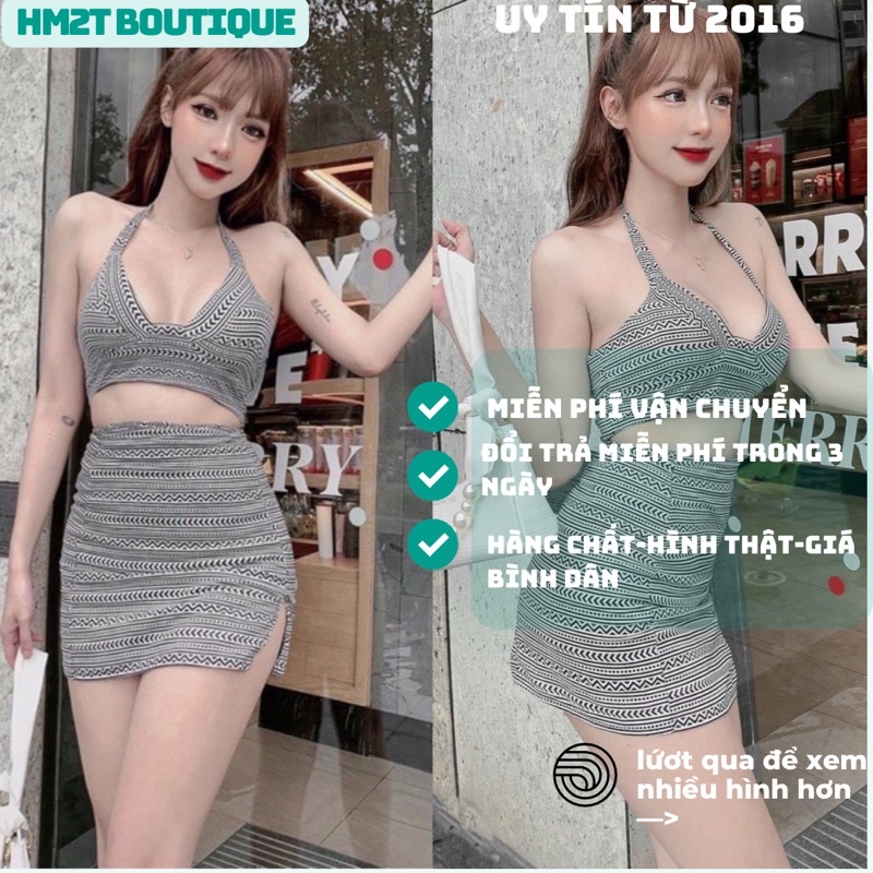 SALE off -SET ÁO YẾM CROPTOP VÀ CHÂN VÁY XẺ ĐÙI YN họa tiết thổ cẩm