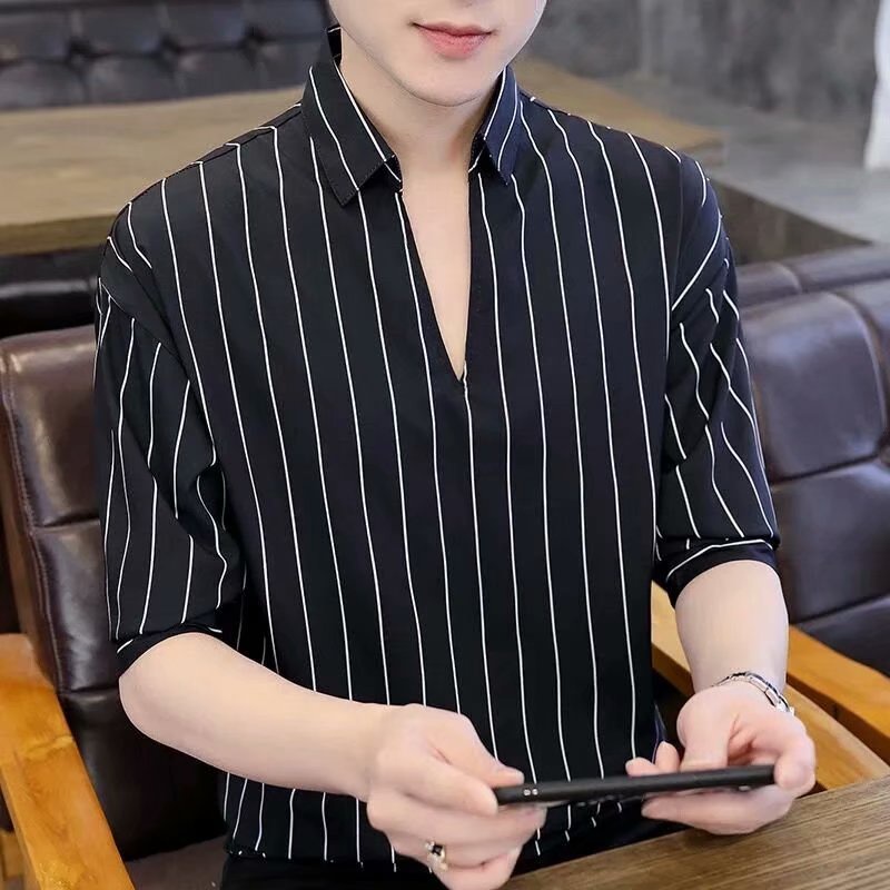 Áo sơ mi tay lửng họa tiết kẻ sọc trắng đen phong cách Hàn Quốc size S-3XL