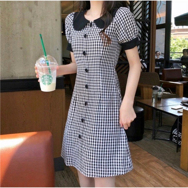 ĐẦM SUÔNG NỮ CARO PHỐI NÚT DỌC CỔ LÁ SEN CỰC XINH CHO CÁC NÀNG CÓ ĐỦ SIZE