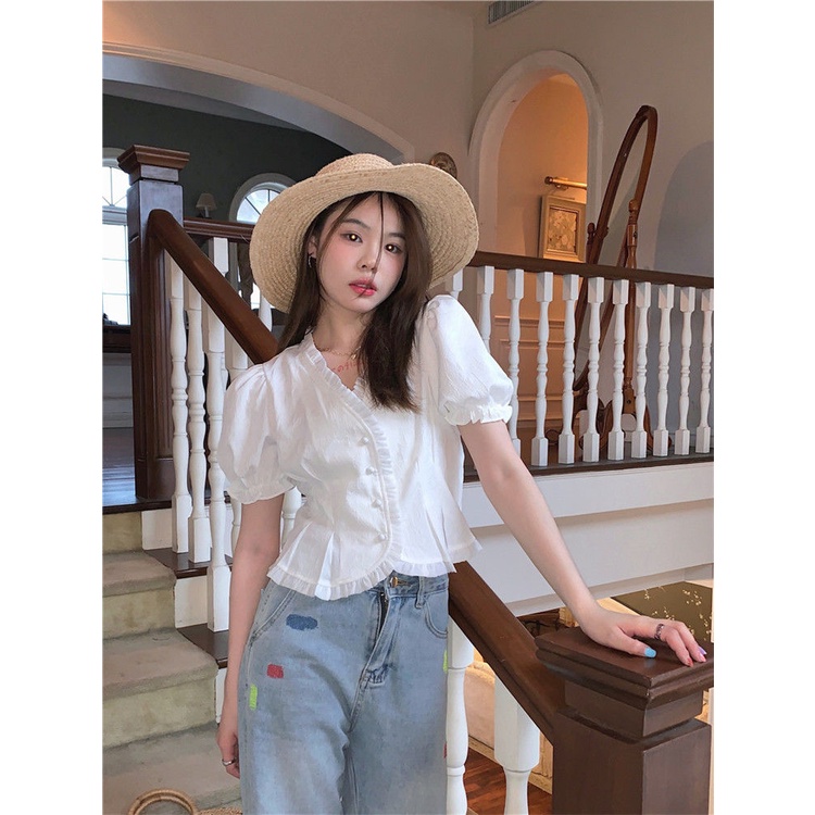 Áo Sơ Mi Chiffon Tay Ngắn Phồng Thời Trang Mùa Hè 2022 Phong Cách Hong Kong Cổ Điển Hàng Mới Dành Cho Bạn Nữ