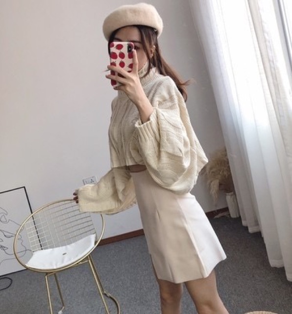 Sét áo len croptop + chân váy vạt lệch