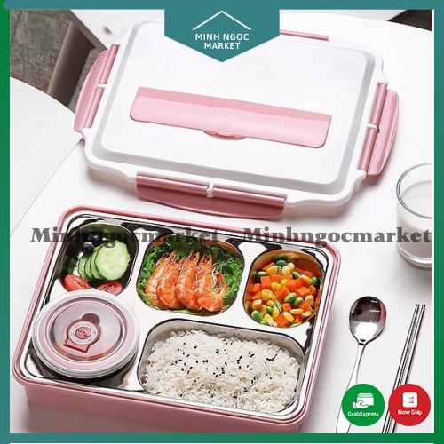 Hộp cơm văn phòng khay inox cao cấp 5 ngăn có bát để canh bọc vỏ nhựa có giá để điện thoại
