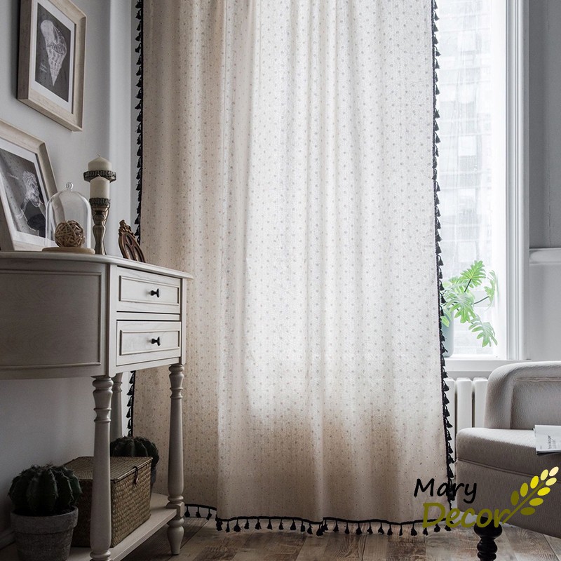 Rèm cửa ngắn trang trí vải bố linen đậm chất vintage - họa tiết Hoa cúc trắng R-I02