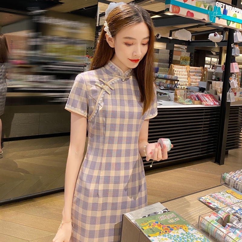 Sườn Xám Cách Tân Dáng Ôm Ngắn Họa Tiết Sọc Caro Màu Tím Phong Cách Retro Hiện Đại Cho Nữ