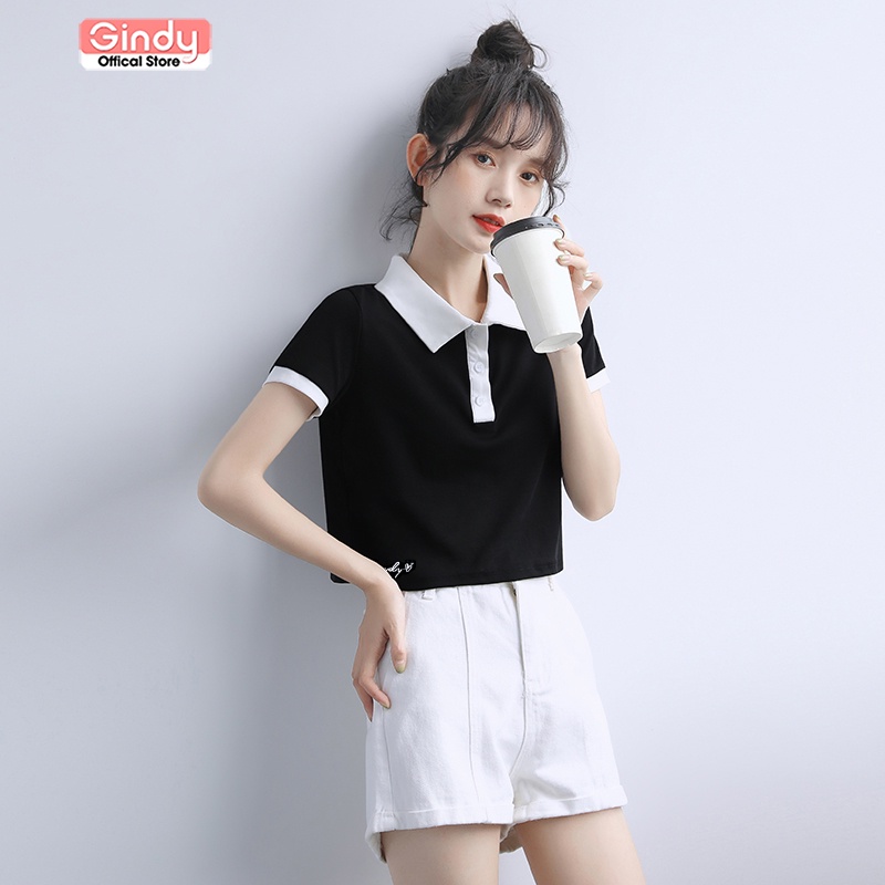 Áo phông nữ croptop GINDY cổ bẻ polo form rộng tay lỡ chất cotton thoáng mát Unisex A8103