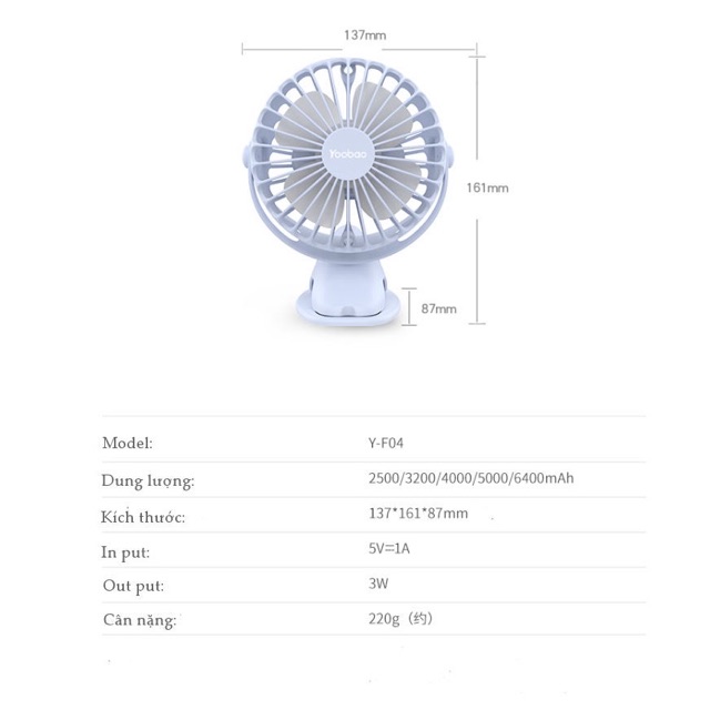 Quạt kẹp tích điện PIN DUNG LƯỢNG SIÊU KHỦNG 6400mAh kiêm sạc dự phòng YOOBAO F04