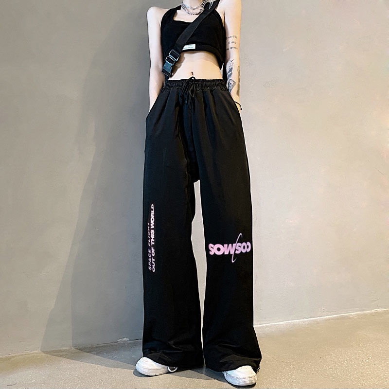 Jiashucheng Quần Thể Thao Lưng Cao Ống Rộng Thời Trang Hàn Quốc Dành Cho Nữ