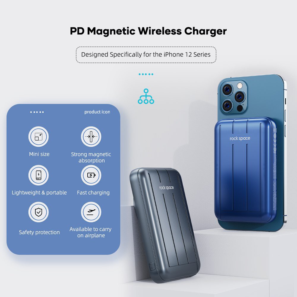 Pin sạc dự phòng không dây Magnetic Wireless Rockspace P99 sạc nhanh, chuẩn PD cho iPhone và androind - Hàng chính hãng