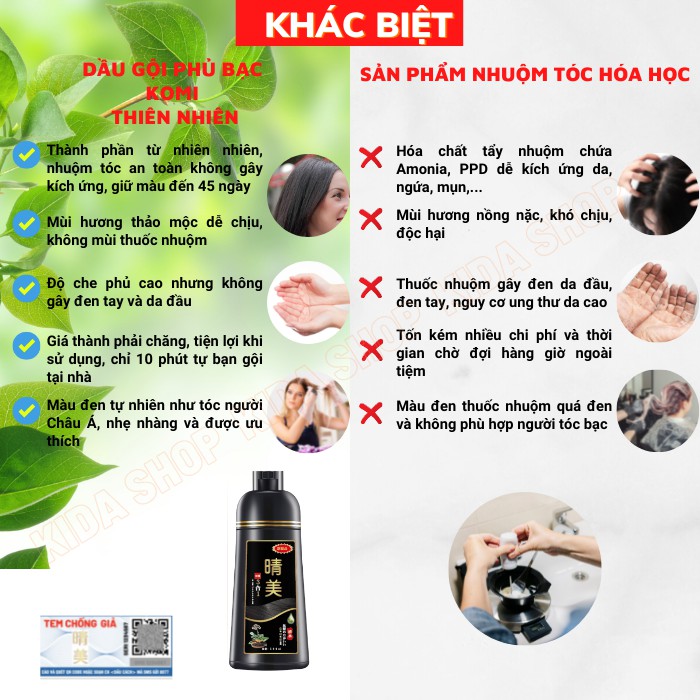 Nhuộm tóc thảo dược, thuốc nhuộm dạng dầu gội KOMI Nhật Bản tự nhuộm 10 phút tại nhà, không xơ tóc dị ứng lem da đầu