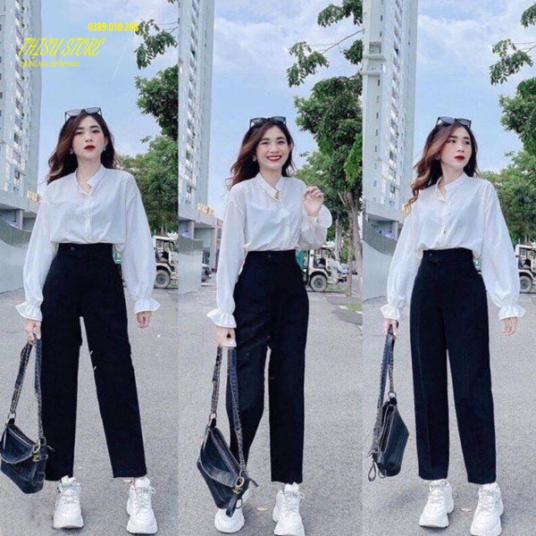 Quần baggy đi học sinh nữ cúc lệch form rộng - Cạp viền lưng cao màu Đen - Vải tuyết mưa - Dáng quần baggy công sở