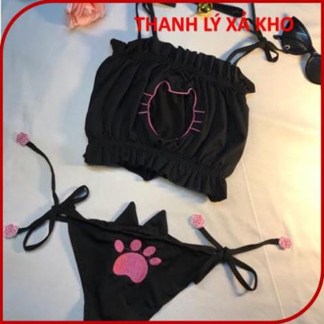 Bộ đồ ngủ cosplay full phụ kiện set miêu nữ sexy, bikini mèo đen gợi cảm, nóng bỏng, lolita chip
