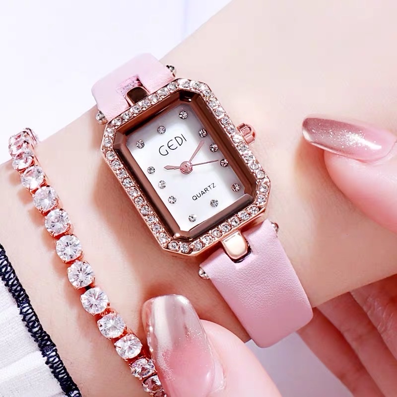 Đồng hồ nữ, GEDI mặt đính đá dây da bền đẹp sành điêu siêu xinh kích thước mặt đồng hồ 28mm