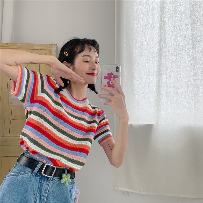 Áo Thun Tay Ngắn Cổ Tròn Hoạ Tiết Kẻ Sọc Màu Sắc Cầu Vồng Trẻ Trung Năng Động