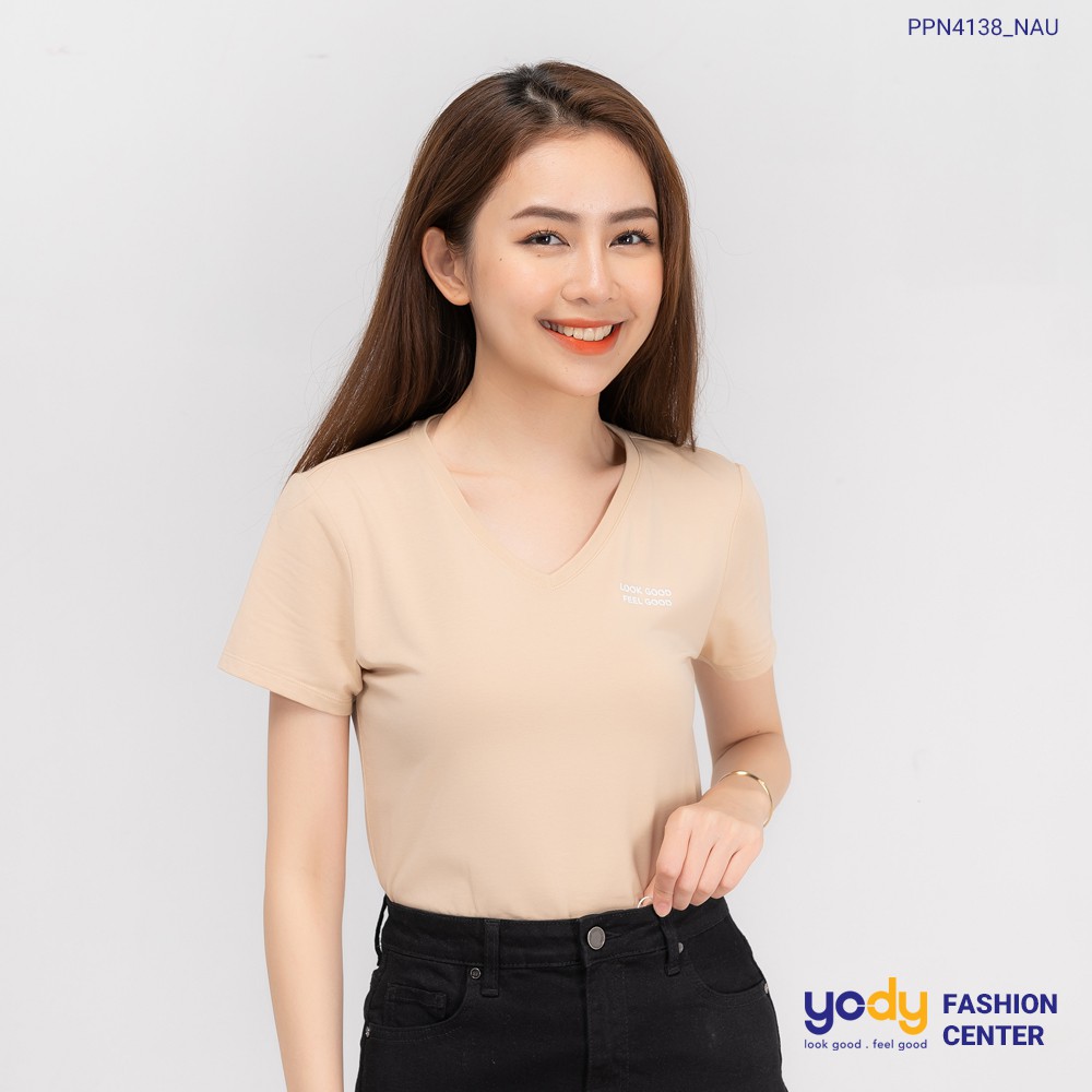 Áo phông nữ YODY cổ tim form rộng vải cotton thoáng mát PPN4138 | BigBuy360 - bigbuy360.vn