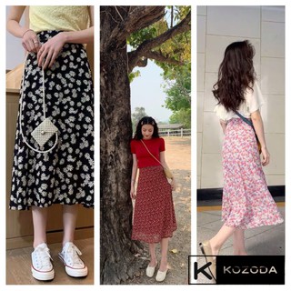 Chân váy hoa nhí vintage 2 lớp dáng dài đen đỏ hồng Kozoda CV24
