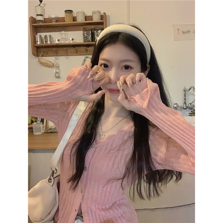 Áo cardigan XIAOZHAINV dệt kim dài tay cổ chữ V dáng ôm phong cách Hàn Quốc 4 màu lựa chọn