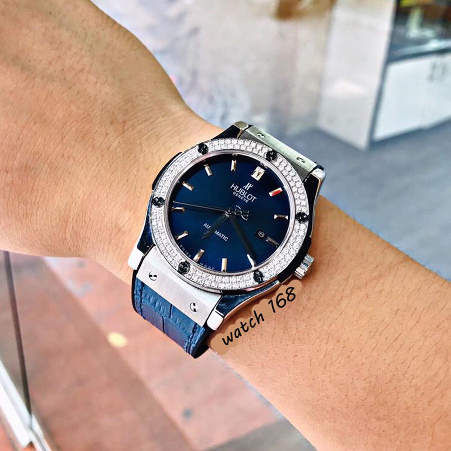 Đồng hồ Nam Đồng hồ cơ Automatic máy nhật, mẫu xanh viền trắng đá kép, size 38mm-42mm