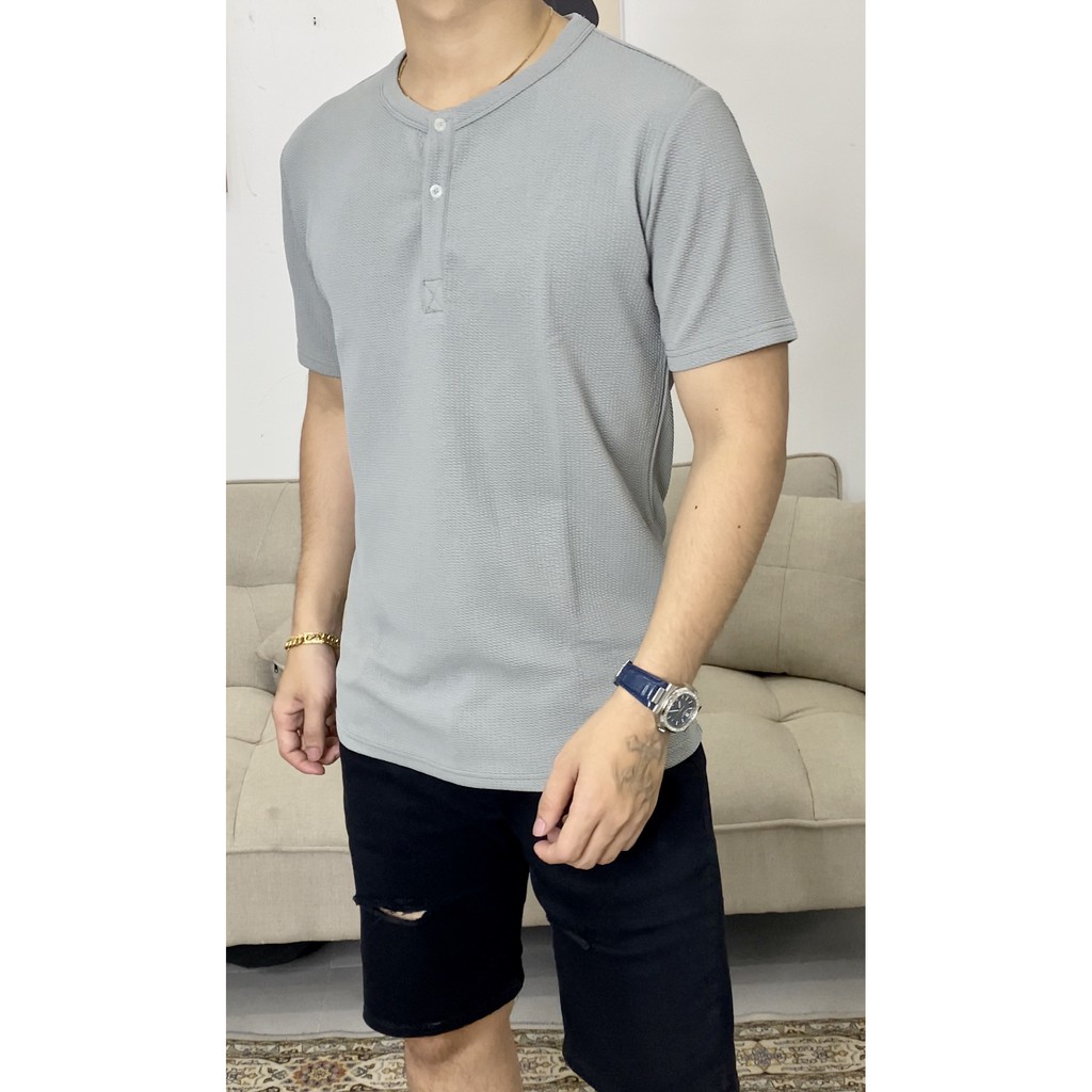 ÁO THUN NAM CỔ TÀU COTTON TỔ ONG 4 MÀU AT3T01- HENLAY 3CUC