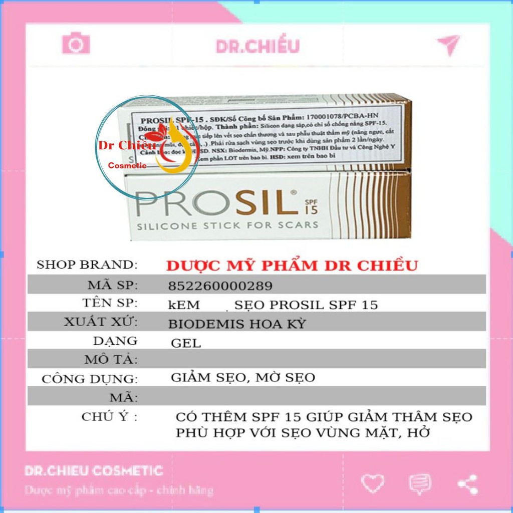 Kem sẹo ProSil 100% Silicon Gel 4,25g USA/SPF15+ Giảm thâm sẹo Biodermis