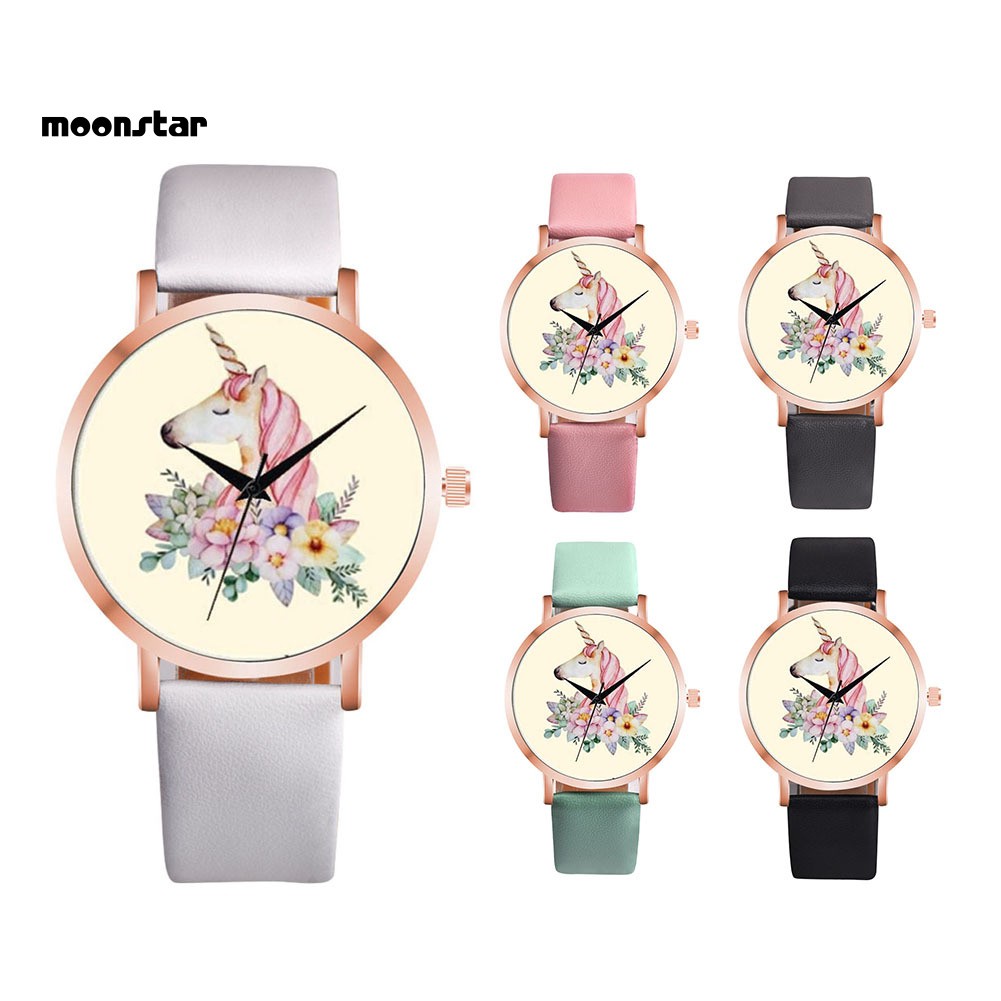 Đồng hồ nữ dây da mặt hình ngựa một sừng dễ thương