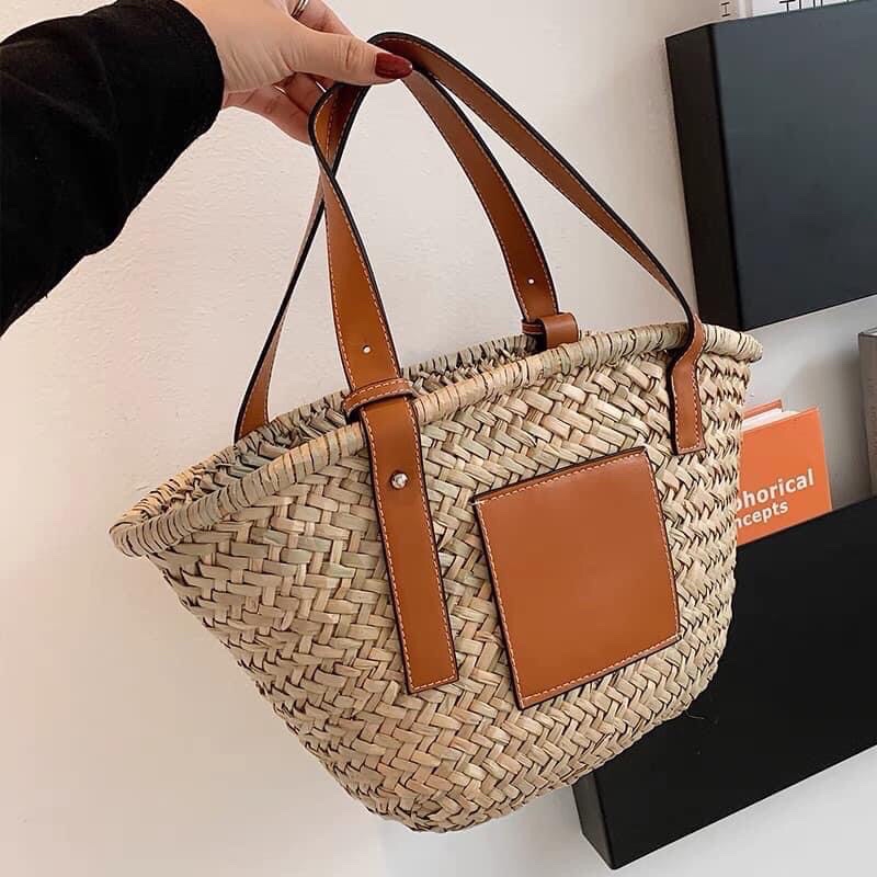 Túi cói quai da cao cấp- Túi cói bucket đắp da dập logo cao cấp mẫu mới hot nhất năm 2022