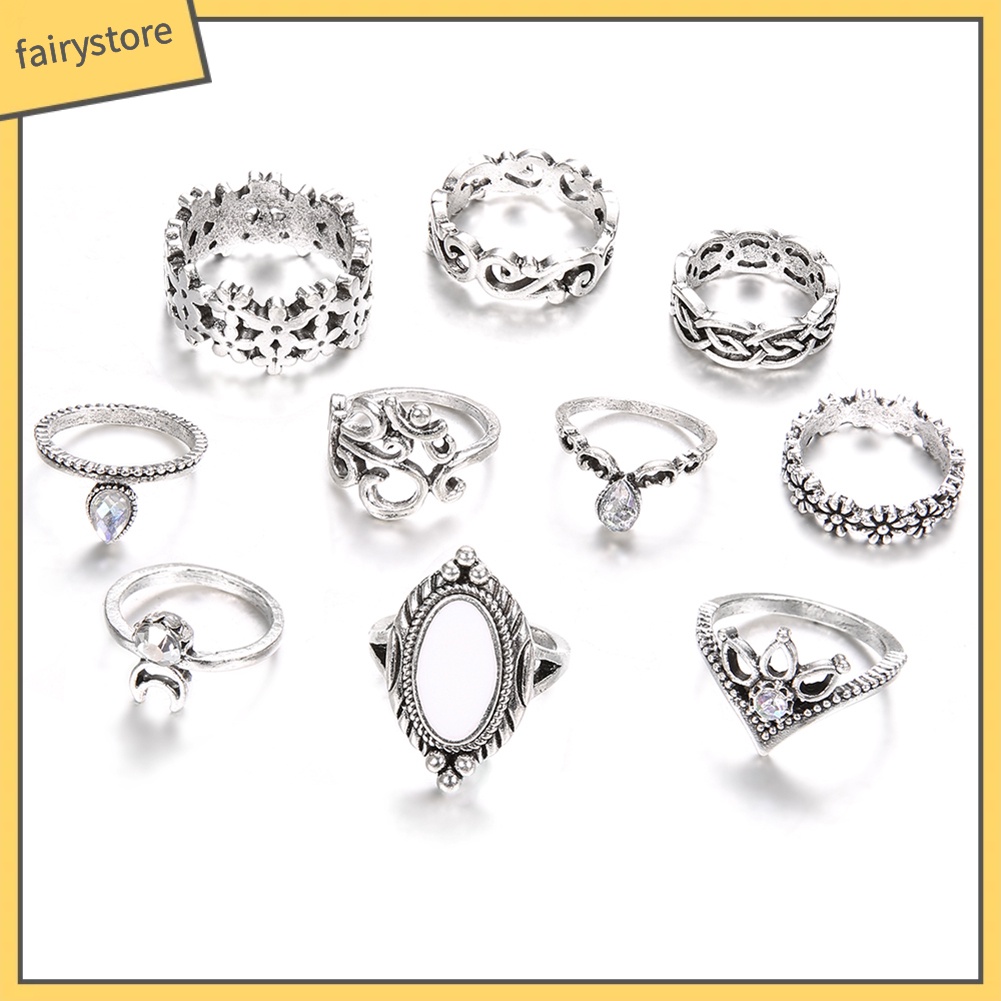 Set 10 nhẫn đeo đốt ngón tay đính đá opal nhân tạo phong cách retro