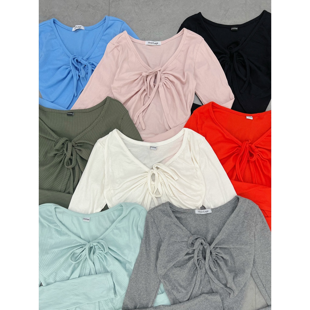 Áo croptop nữ tay dài HHVINTAGE kiểu cổ tim khoen thun co giãn TOP A68