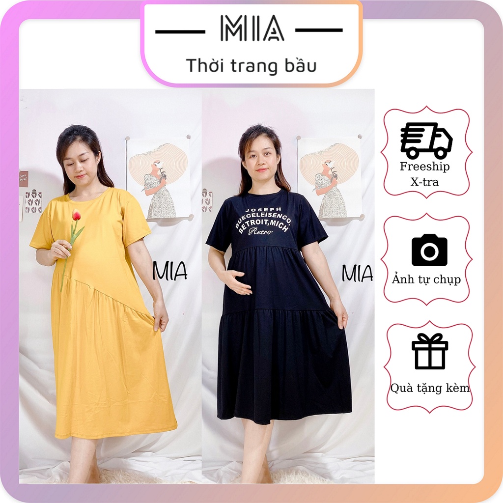 Váy thun bầu, đầm bầu cotton màu trơn phối kiểu dáng rộng thoải mái