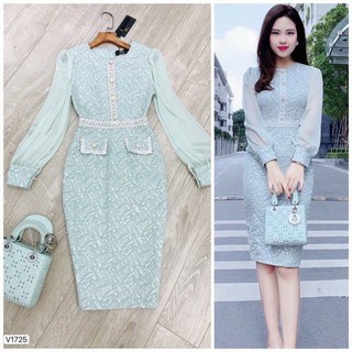 Váy body xanh pha tay tơ