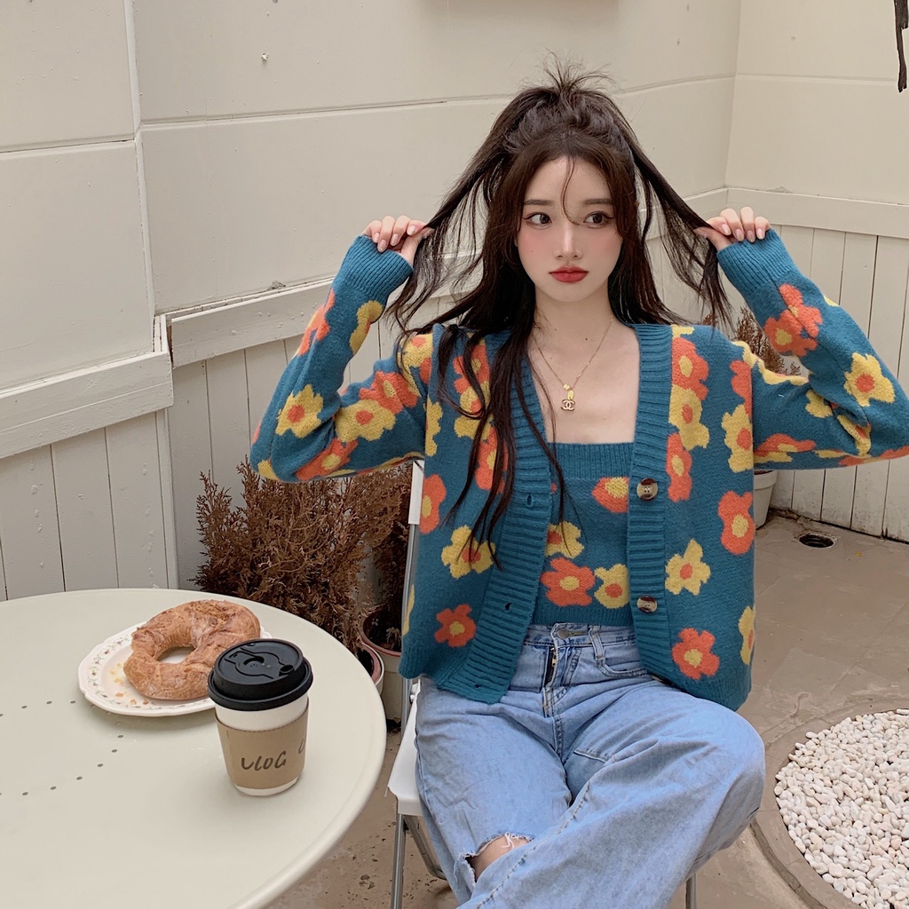 Porozi  Áo cardigan ngắn tay dài/ áo hai dây  dệt kim phong cách Hàn Quốc cho nữ