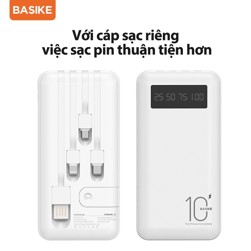 Pin Sạc dự phòng 10000mAh BASIKE đầu ra USB kép nhỏ gọn mang theo đi chơi cho iPhone Samsung Huawei Oppo