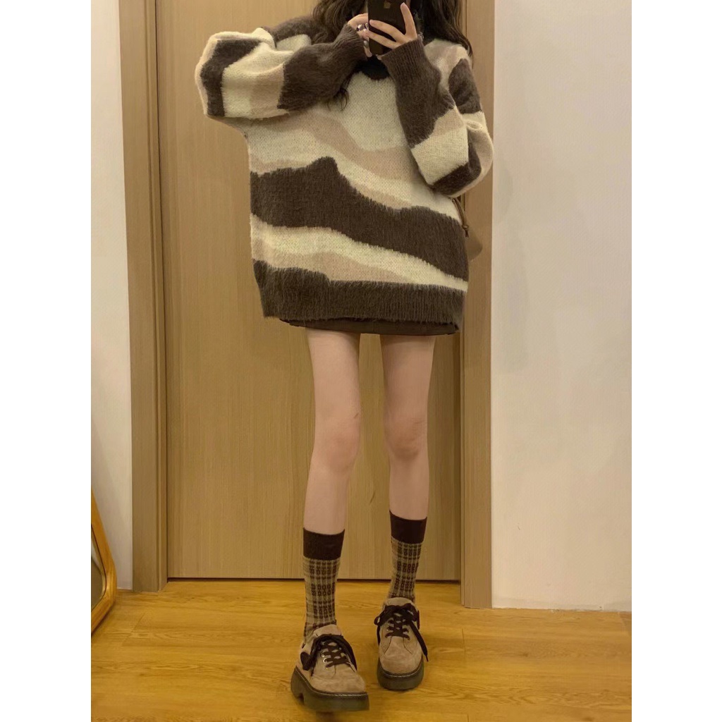 Jiashucheng Áo Sweater Dáng Rộng Mềm Kẻ Sọc Màu Tương Phản Thời Trang Thu Đông Cho Nữ