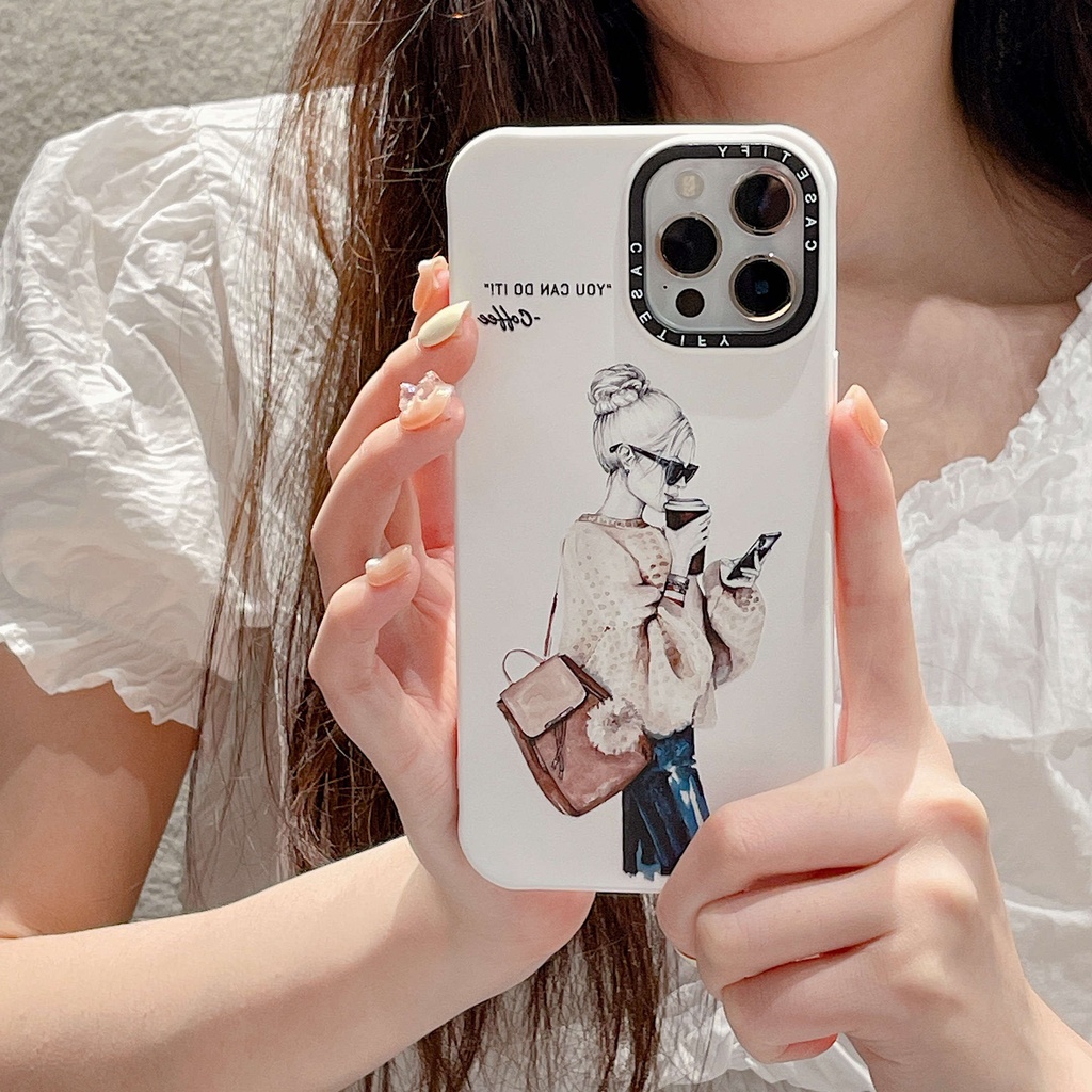 Ốp Điện Thoại Mềm Tích Hợp Giá Đỡ Hình Cô Gái Uống Cà Phê Cho iPhone13Pro 11 12Pro XS 11 12Promax 13Promax 11 12 13